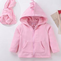 Kookie Kids Full Sleeves Solid Dino Fins Winter Wear Hoodie - Pink-image-91