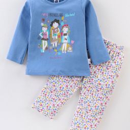 Teddy Sinker Full Sleeves Night Suit Floral & Friends Print - Blue-picture-8