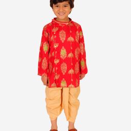 Superminis Full Sleeves Damask Motif Foil Printed Self Design Kurta & Dhoti Set - Red-image-18