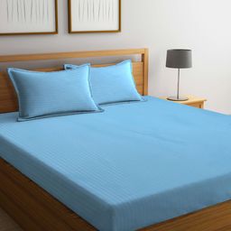 FABINALIV 300 TC Cotton Blend Super King Size Double Bedsheet with 2 Pillow Covers Striped - Sky Blue-picture-14