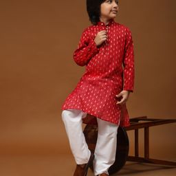 P-MARK Full Sleeves Ethnic Motif Foil Designed Kurta Pyjama Set -Maroon-image-65