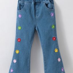 Kookie Kids Denim Full Length Washed Jeans with Floral Embroidery - Blue-picture-14