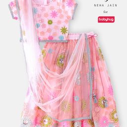 Babyhug Short Sleeves Sequence & Embroidered Lehenga Choli with Dupatta Set - Pink-image-48