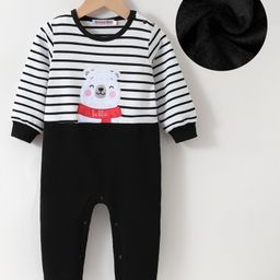 Kookie Kids Full Sleeves Striped Winter Wear Romper with Bear Embroidery -Black-image-32