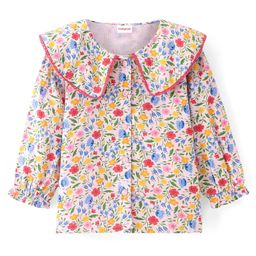 Babyhug Rayon Knit Full Sleeves Front Open Peter Pan Collar Top with Floral Print- White-image-13