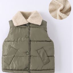 Kookie Kids Sleeveless Padded Winter Jacket With Far Collar Neck - Olive Green-image-1