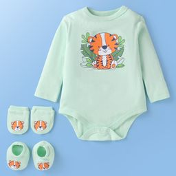 Doodle Poodle Interlock Knit Full Sleeves Onesie With Mittens & Booties With Animal Print - Light Green-image-23