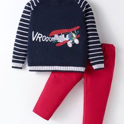 ToffyHouse Knit Full Raglan Sleeves Winter Wear T-Shirt & Lounge Pant Set With Airplane & Text Embroidery - Navy Blue-image-3