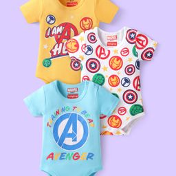 Babyhug Marvel Interlock Knit Half Sleeves Onesies with Avengers Print Pack of 3 - Yellow Blue & White-image-18