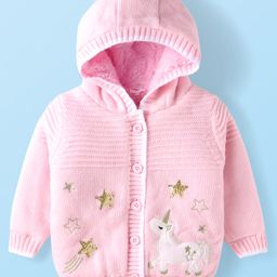 Babyhug Cotton Knit Full Sleeves Hooded Sweater with Unicorn Patch Detailing - Pink-image-37