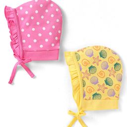 Babyhug Interlock Knit Caps with Polka Dots & Sea Life Print Pack of 2 - Pink & Yellow-image-64