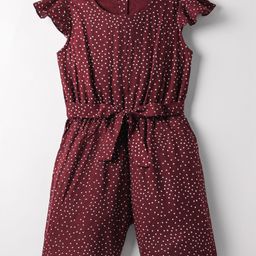 Mark & Mia Rayon Woven Frill Sleeves Jumpsuit With Polka Dot Print & Belt Detailing - Maroon-image-6