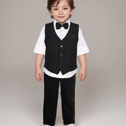 BAD BOYS Cotton Full Sleeves Three Piece Textured Party Suit Set With Bow - Black-image-72