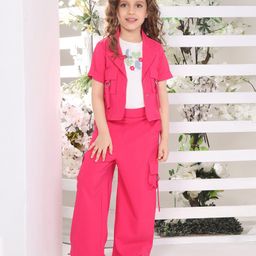 Ministitch Cotton Silk Love Text Embroidered Top & Pant With Half Sleeves Jacket Set - Pink-image-30