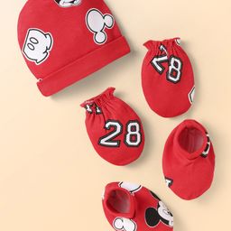 Babyhug Disney Interlock Knit Cap Mittens & Booties Set With Mickey Mouse Print - Red-image-17