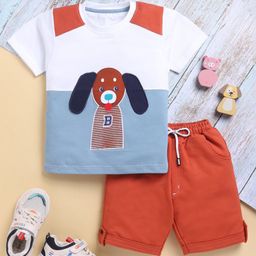 TOONYPORT Cotton Knit Half Sleeves Puppy Patch Detailed Tee & Shorts Set - Orange-image-55