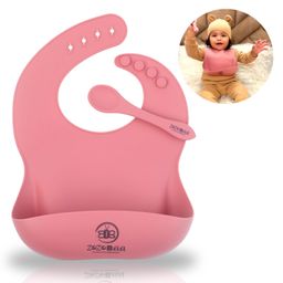 ZoZoBaa Silicone Baby Bib with Easy Grip Spoon For Feeding Toddlers|Waterproof & Reusable Bib with button for Infants |Soft, Light Weight, BPA Free, 1 Set, Dark Red-51