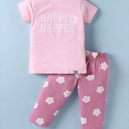Teddy Sinker Knit Half Sleeves Night Suit with Floral & Text Print - Pink-image-42