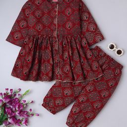 BAATCHEET Cotton Woven Three Fourth Sleeves Peacock Printed Rajasthani Kurti With Coordinating Pant Set - Maroon-image-128