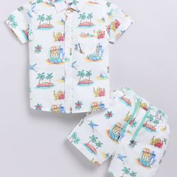 Nottie Planet Cotton Knit Half Sleeves Beach Theme Printed Shirt & Coordinating Shorts Set - White-65