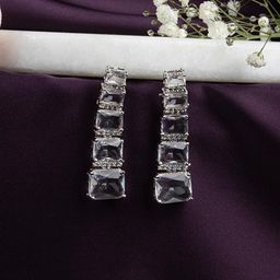 LA FILLE D'OR Silver-Plated Cubic Zirconia Studded Square Shaped Drop Earrings-image-20