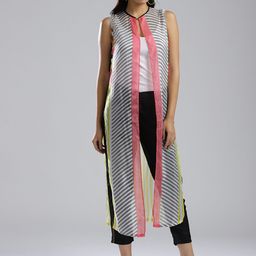 W Off-White & Black Striped Sheer Longline Shrug-image-71