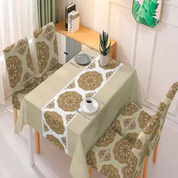 HOKIPO Brown 5 Pieces Stretchable Dining Chair Cover & Matching Tablecloth-image-1