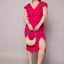 SASSAFRAS Curve Women Solid Self Design Ruffled Bodycon Midi Dress-image-4
