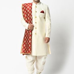 DEYANN Men Off White Woven Design Dupion Silk Sherwani with Dhoti Pants & Dupatta-picture-17