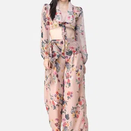 Cation Women Beige & Red Printed Top with Trousers-12