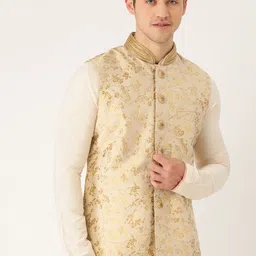 Manyavar Men Beige & Golden Self Design Nehru Jacket-image-41