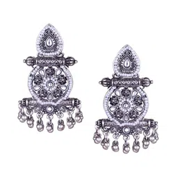 Sangria Silver-Plated Kundan-Studded Oxidised Drop Earrings image 2
