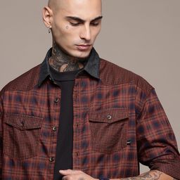 WROGN Pure Cotton Checked Drop-Shoulder Sleeves Oversized Casual Shirt-image-44