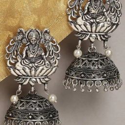 OOMPH Jewellery Oxidised Silver Green & Pink Stone Large Bird Shape Ethnic Jhumki-image-28