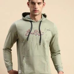 SHOWOFF Olive Cotton Slim Fit Printed Hooded Sweatshirt-image-60