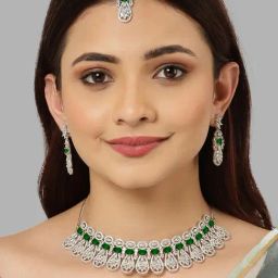 Karatcart Silver Tone Green American Diamond Studded Necklace Set-image-17