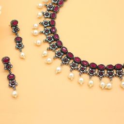 TEEJH Oxidised Silver-Plated Red & White Stone-Studded & Beaded Jewellery Set-image-95