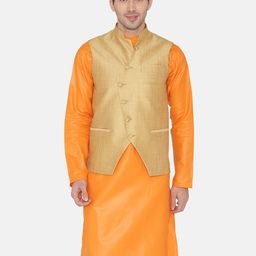 Wintage Men Gold Coloured Woven Design Nehru Jacket-image-72