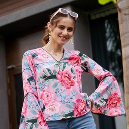 SASSAFRAS Floral Printed Bell Sleeve Georgette Top-image-50