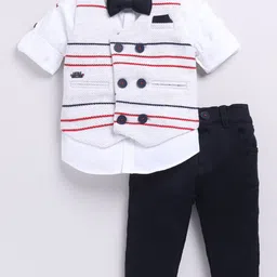 LITTLE COLLARS Boys Elegant Striped Jacquard Full Sleeves Partywear Set with Bow-image-25