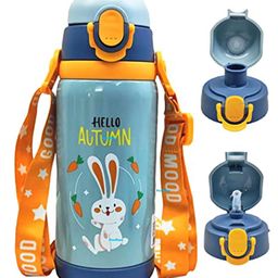 FunBlast Dual Cap Double Walled Vacuum Insulated Water Bottle with Straw Blue - 450 ML-image-40