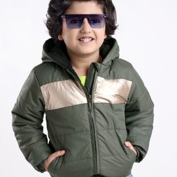 Babyhug Woven Full Sleeves Hooded Jacket with Front Zipper - Olive Green-image-90