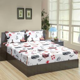 Trance Home Linen Cotton Queen Size Printed Kids Bedsheet with 2 Pillow Covers- Boat Orange-image-12