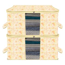 Kuber Industries Underbed Storage BagNon-Woven Floral Print Blanket CoverRazai CoverDuvet Cover Transparent Window & HandleLargePack of 2,Ivory & Red,-image-10