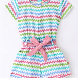Dew Drops Woven Half Sleeves Jumpsuit Chevron Print - Aqua Blue-10