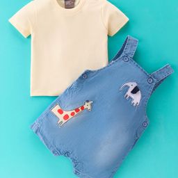 Little Kangaroos 100% Cotton Knit Half Sleeves T-Shirt & Dungarees Set with Animal Patch - Light Blue-image-40
