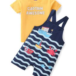 Babyhug Single Jersey Knit Dungaree with Half Sleeves T-Shirt Text & Boat Print - Yellow & Blue-image-41