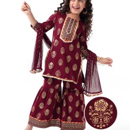 EARTHY TOUCH Single Jersey Knit Three Fourth Sleeves Foil Floral Printed Kurta Gharara Set with Dupatta- Maroon-image-88