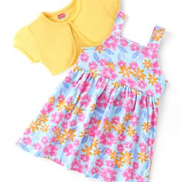 Babyhug Single Jersey Knit Floral Print Frock with Half Sleeves Shrug - Yellow & Blue-image-127