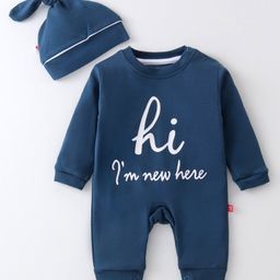 Mini Taurus Cotton Knit Full Sleeves Romper With Cap & Text Print - Navy Blue-image-31
